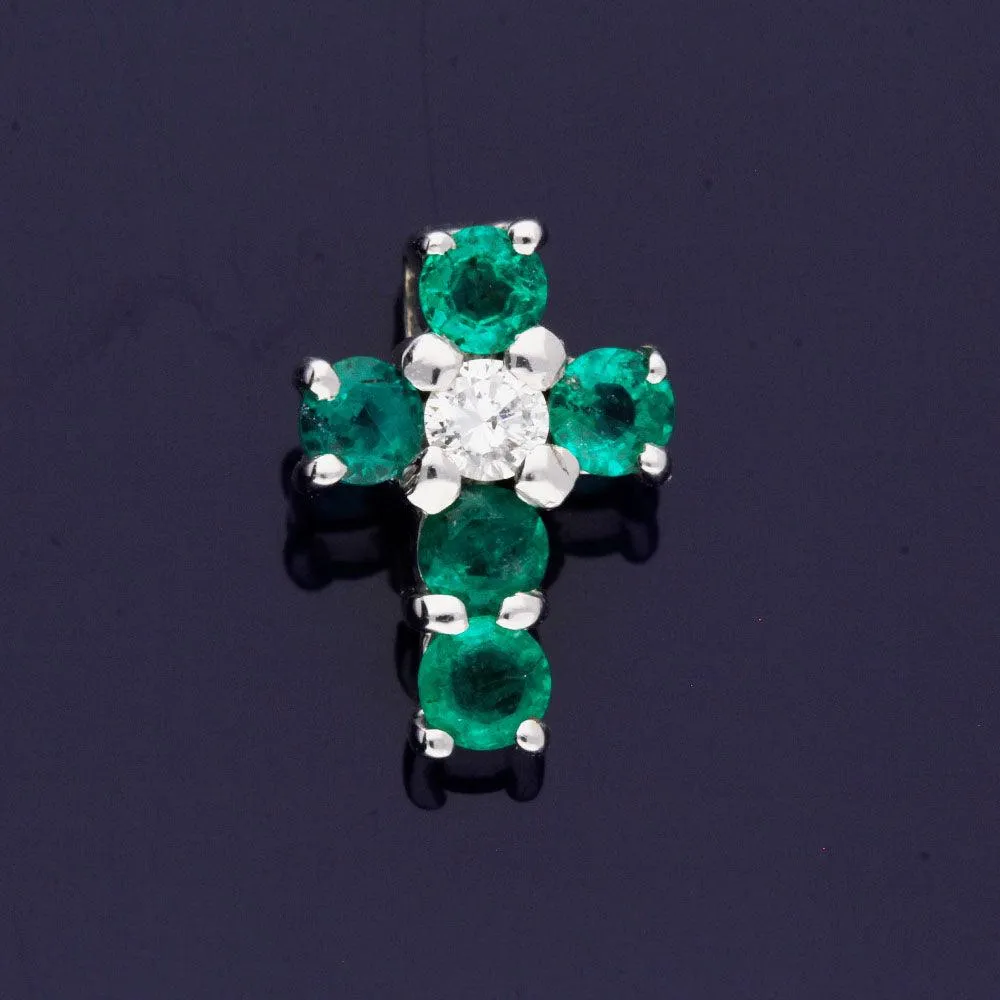 18ct White Gold Emerald and Diamond Cross Pendant