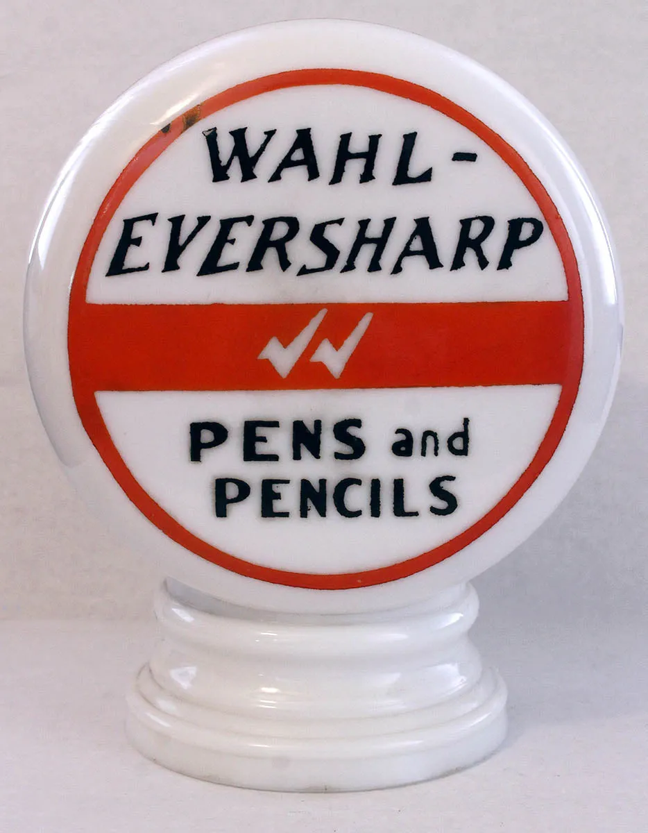 1940S WAHL EVERSHARP PEN & PENCIL RED TOP LEAD MILK GLASS 2-SIDED ADVERTISING GLOBE