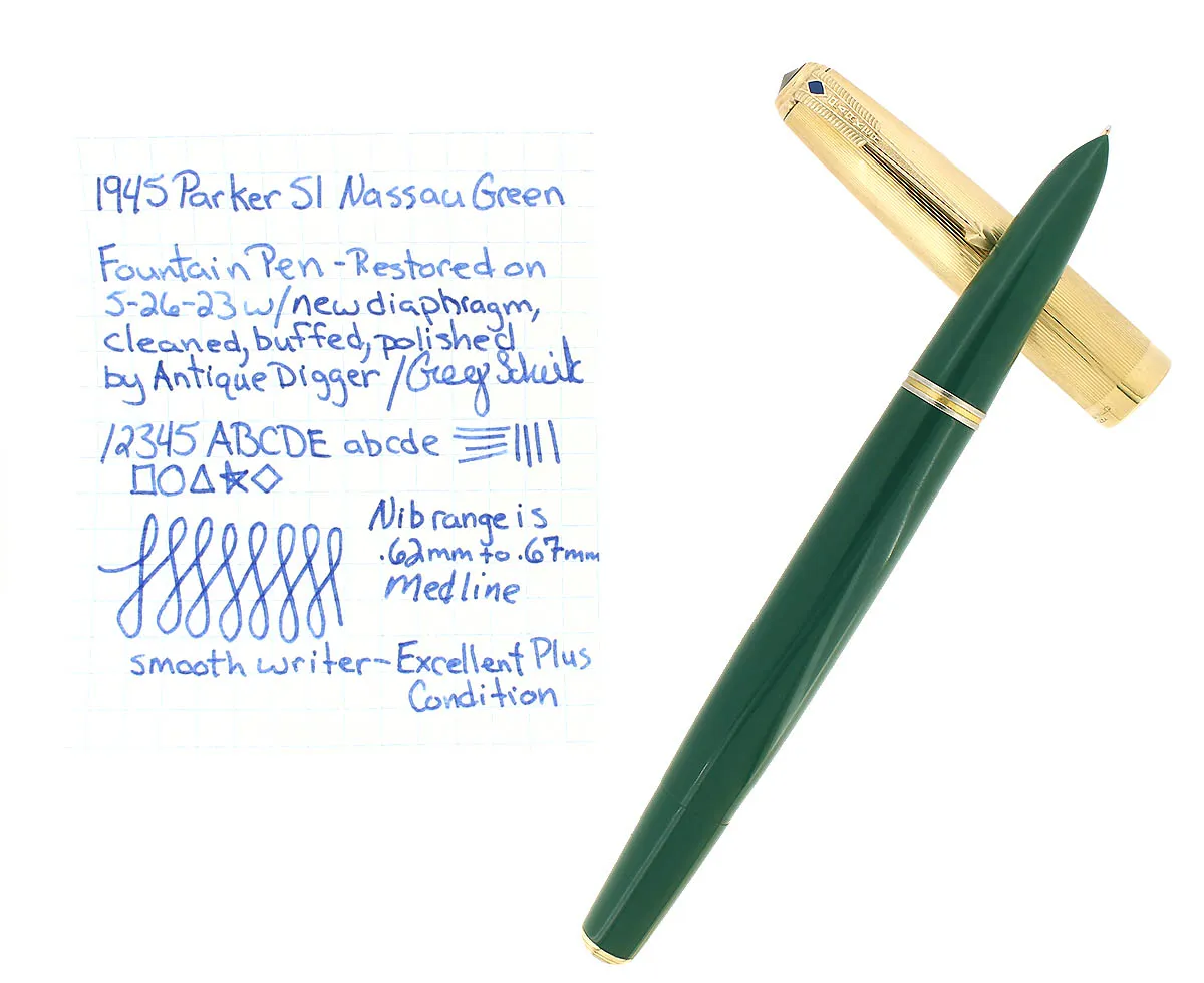 1945 PARKER 51 NASSAU GREEN DOUBLE JEWEL FOUNTAIN PEN RESTORED