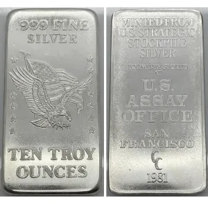 1981 U.S. Assay Office San Francisco 10 oz .999 Silver Bar