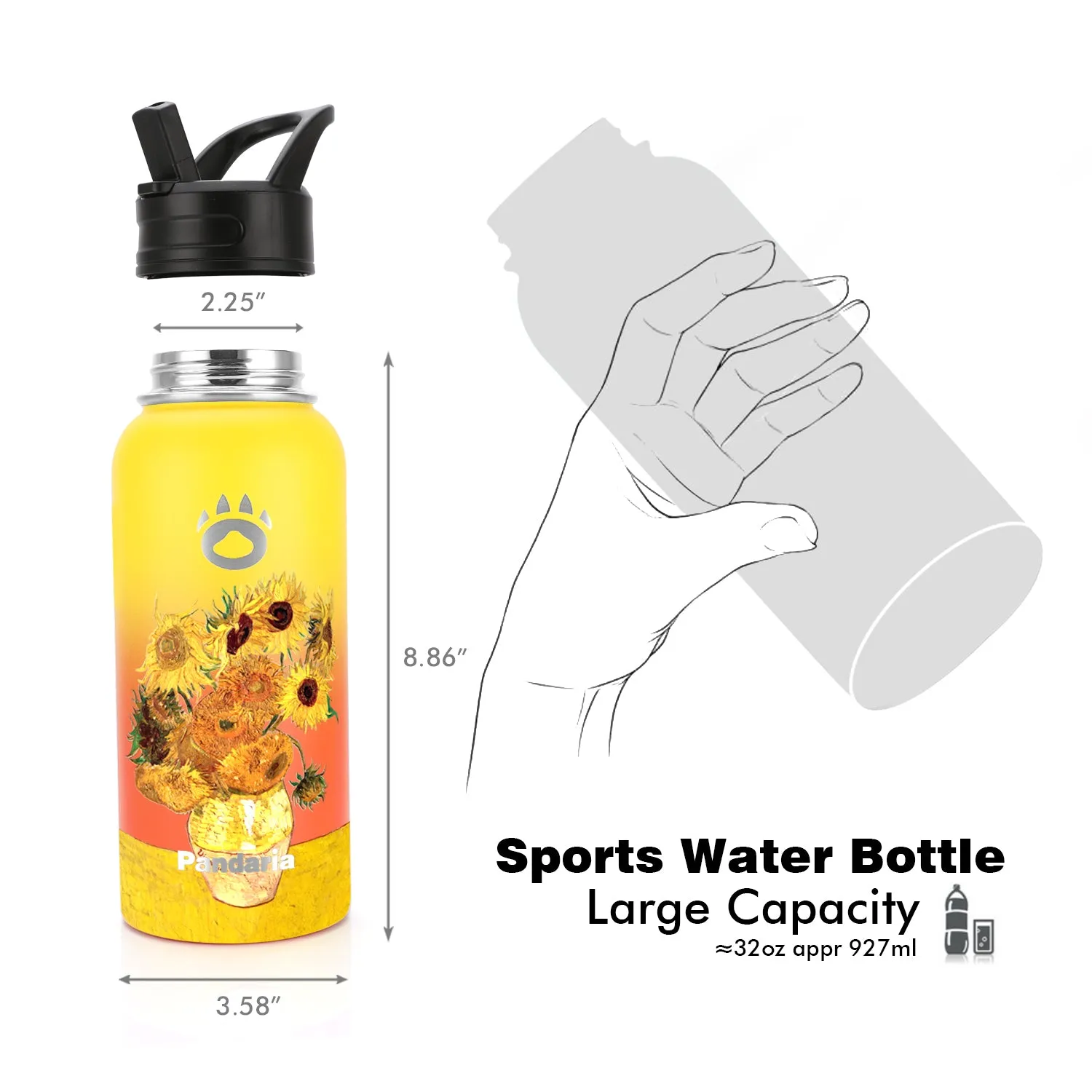 32oz Vacuum Insualed Water Bottle Stainless Steel Sports Canteen with Lids and Straws, Sunflowers