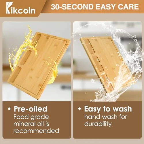 Bamboo Cutting Boards for Kitchen, (Set of 3) Kitchen Chopping Board with 3 Built-In Compartments and Juice Groove Heavy Duty Serving Tray Wood Butcher Block and Wooden Carving Board, Kikcoin