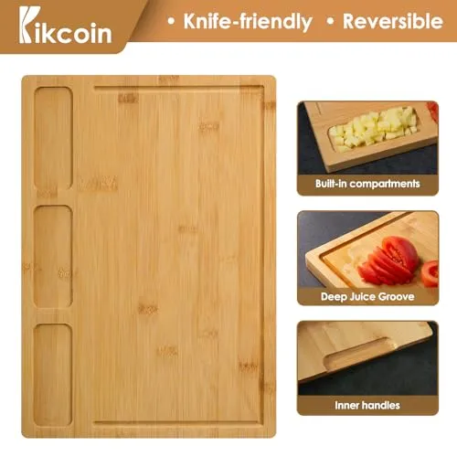 Bamboo Cutting Boards for Kitchen, (Set of 3) Kitchen Chopping Board with 3 Built-In Compartments and Juice Groove Heavy Duty Serving Tray Wood Butcher Block and Wooden Carving Board, Kikcoin