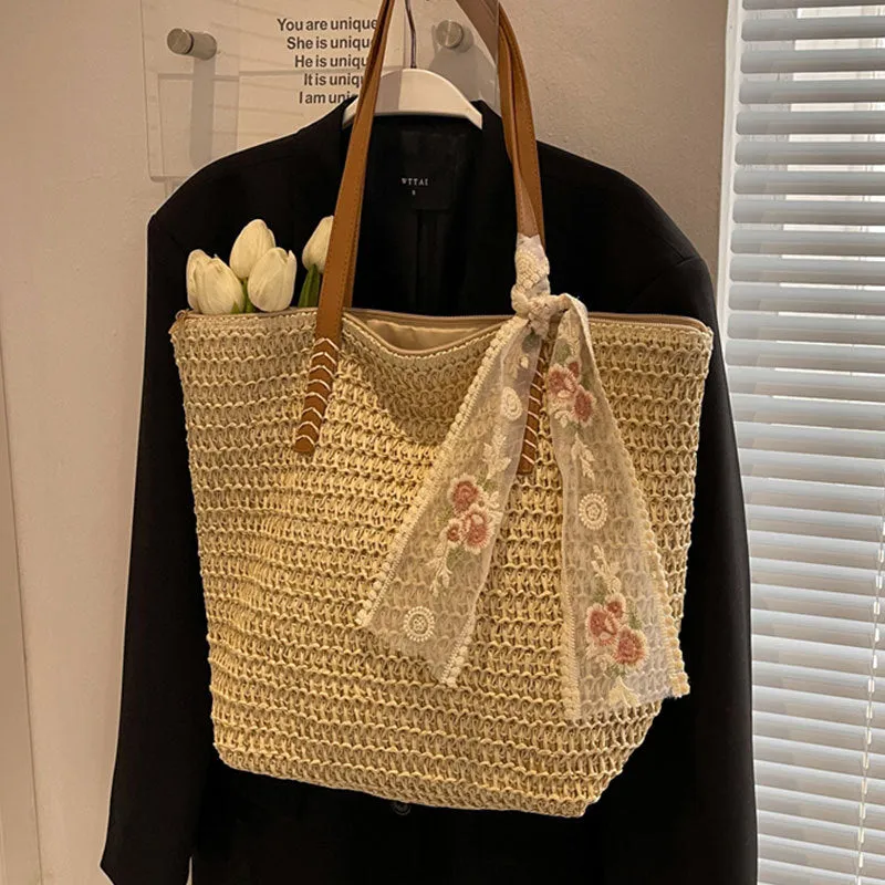 Braided Straw Shoulder Bag Summer Bucket Bag