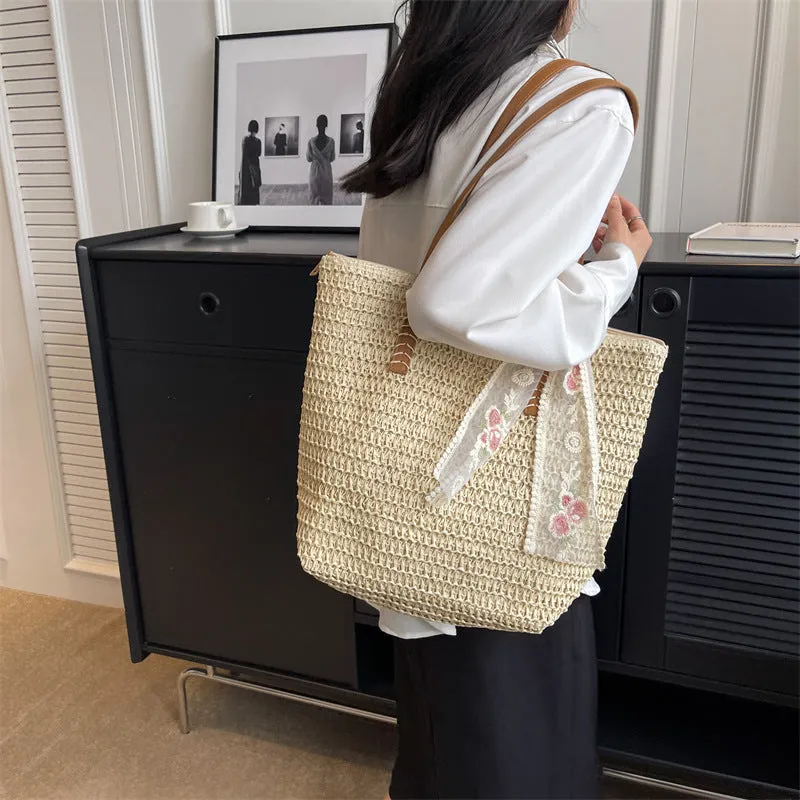 Braided Straw Shoulder Bag Summer Bucket Bag