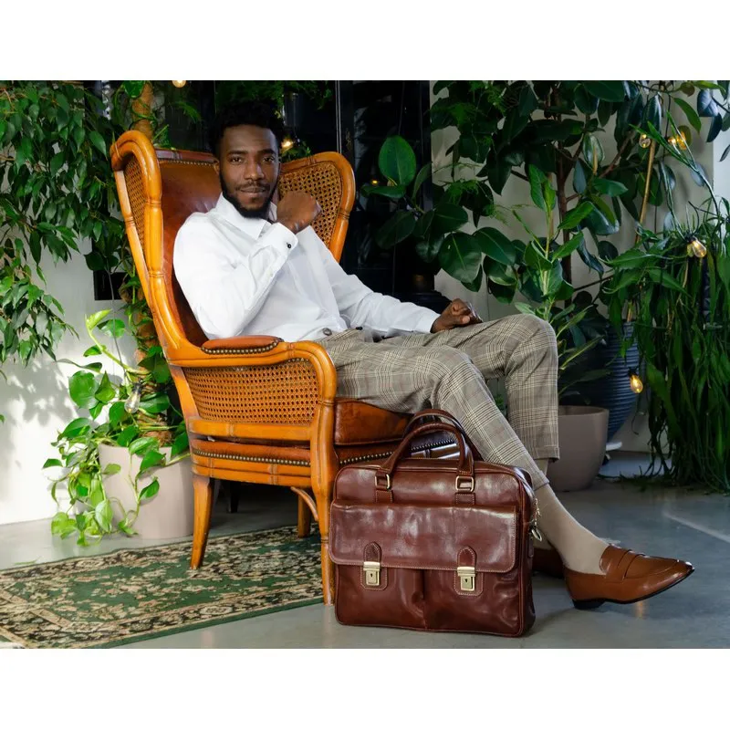 Brown Full Grain Italian Leather Briefcase Laptop Bag - The Stand