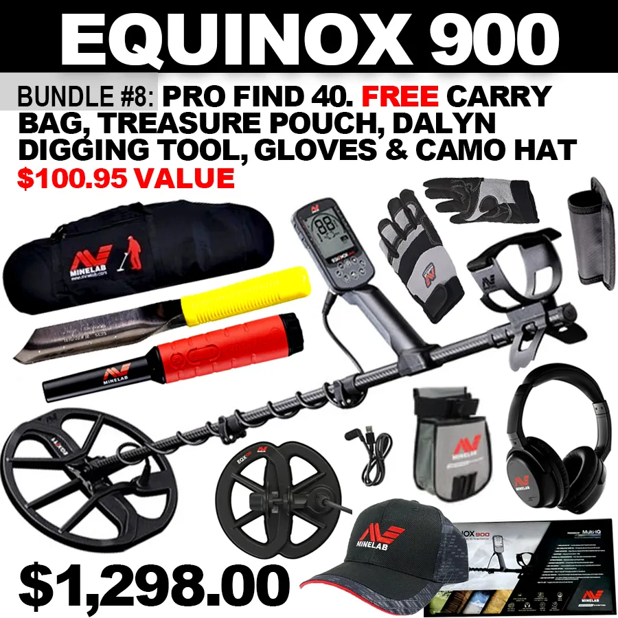 Bundle #8: Equinox 900 includes 6" DD Coil & WHP   Pro Find 40. FREE Carry Bag, Treasure Pouch, Dalyn Digging Tool Camo Hat & Gloves