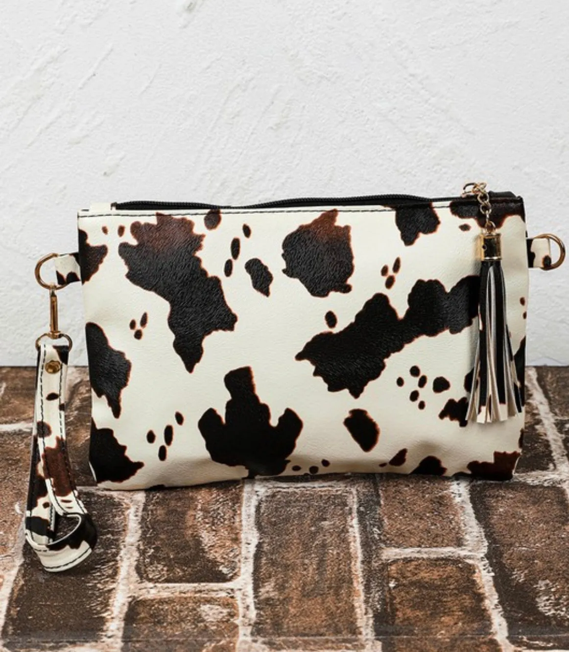 Cow Print Wristlet Clutch Bag w/Zipper Closure & Tassel