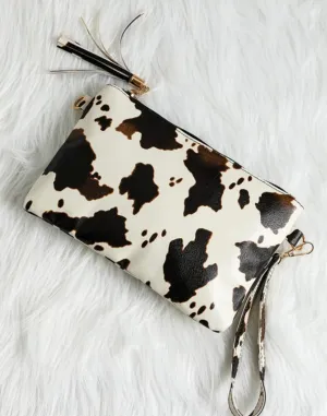 Cow Print Wristlet Clutch Bag w/Zipper Closure & Tassel