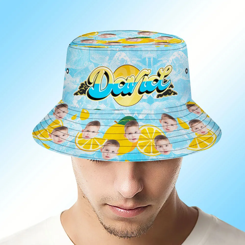 Custom Bucket Hat Unisex Face Bucket Hats Personalised Photo and Name Summer Blue Hats