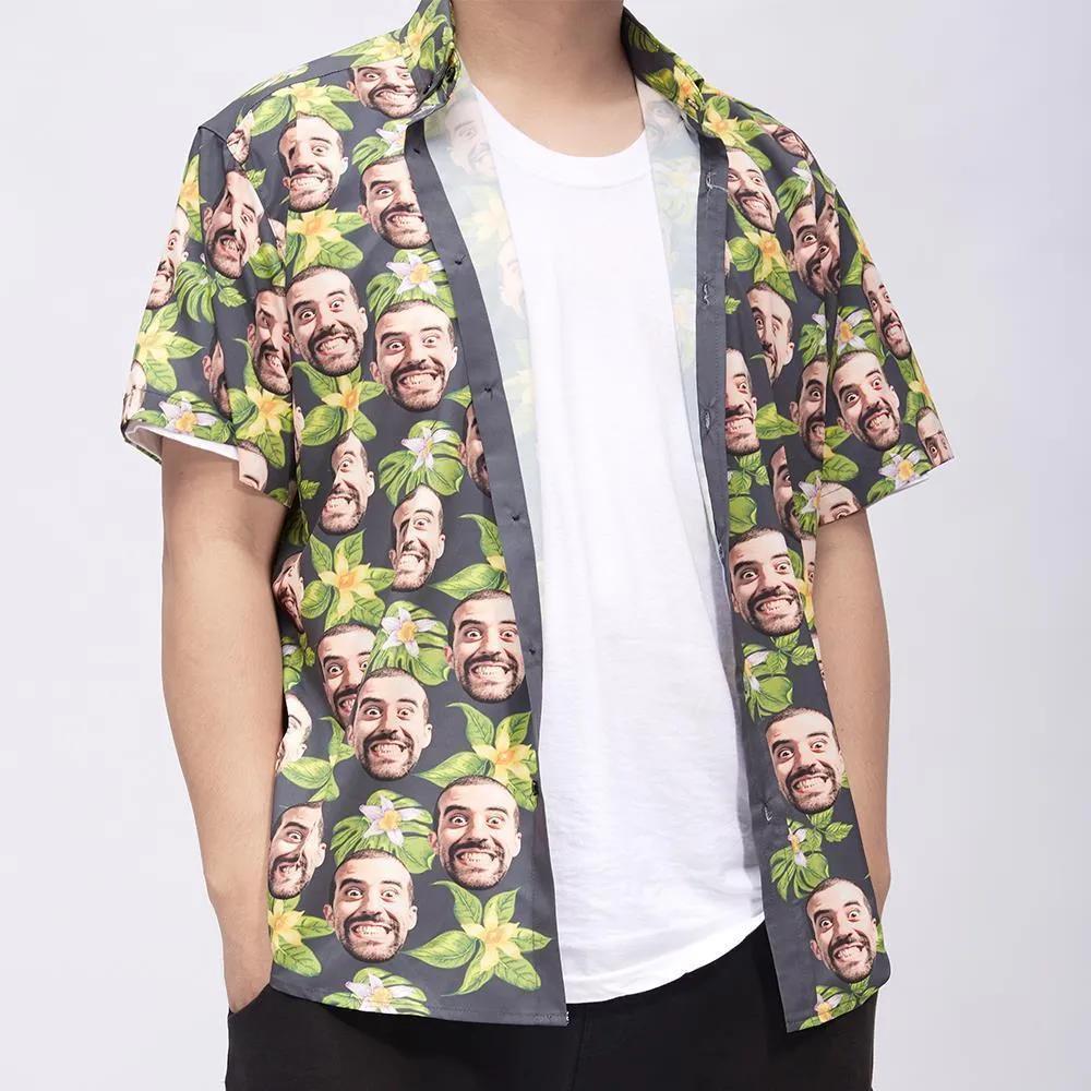 Custom Face Hawaiian Shirt for Men Star Face Green Flowers Summer Beach