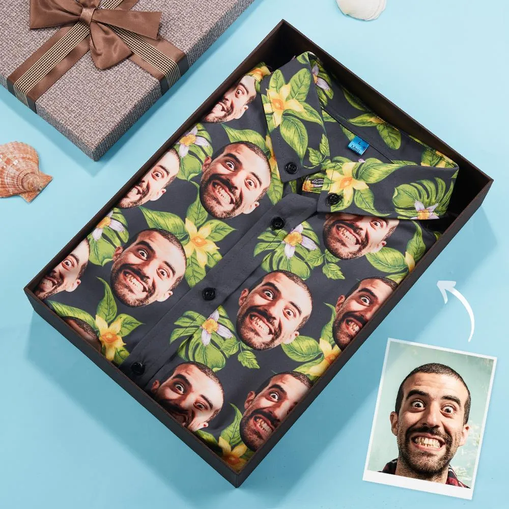 Custom Face Hawaiian Shirt for Men Star Face Green Flowers Summer Beach