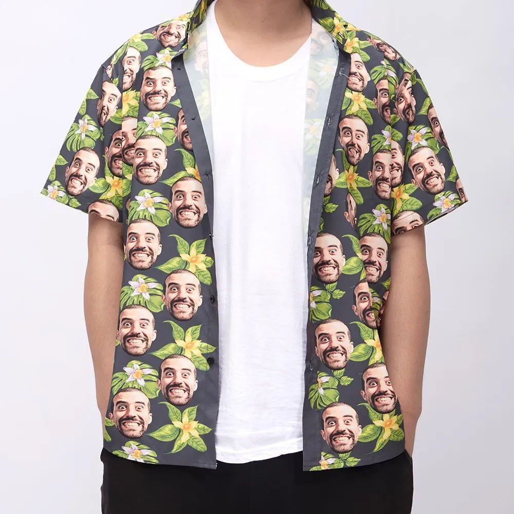 Custom Face Hawaiian Shirt for Men Star Face Green Flowers Summer Beach