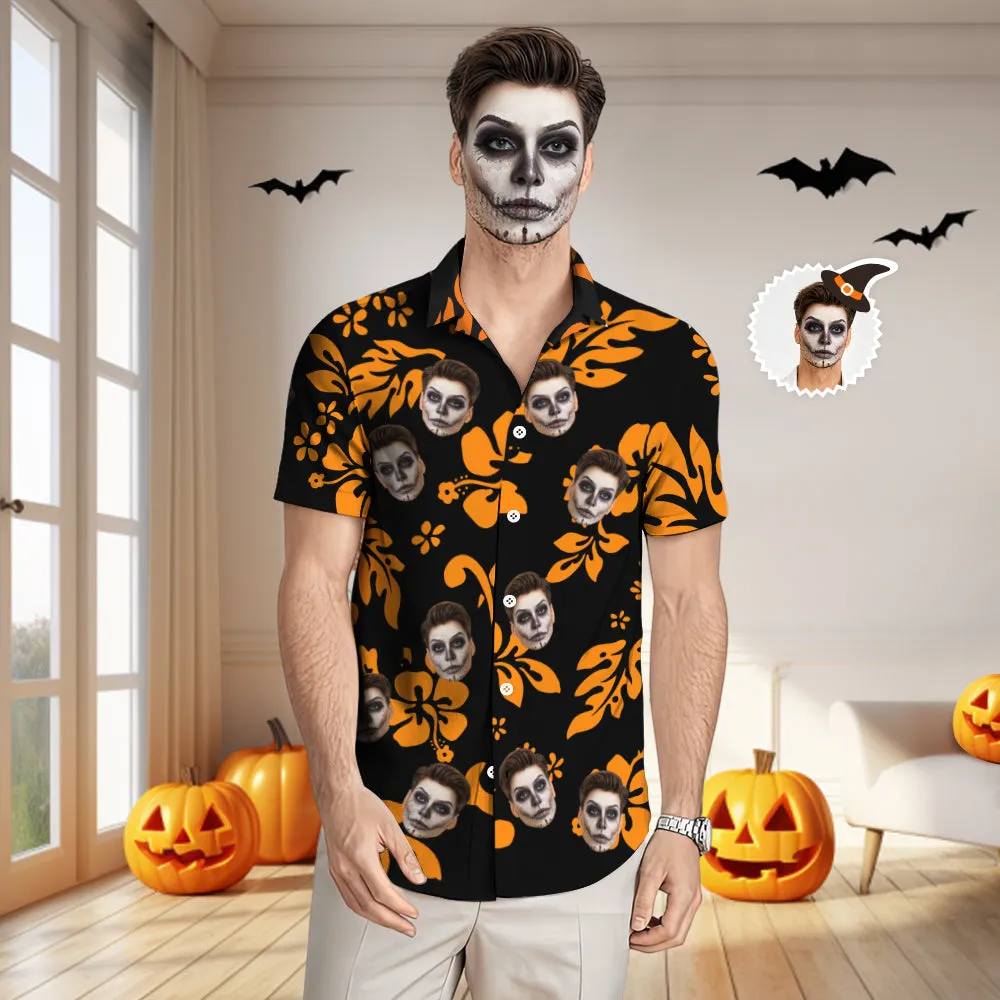 Custom Face Hawaiian Shirt Men's All Over Print Halloween Aloha Shirt Gift - Pumpkin Colored Flowers