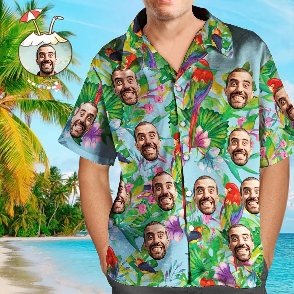 Custom Face Hawaiian Style Colorful Parrot Long Dress And Shirt Family Matching