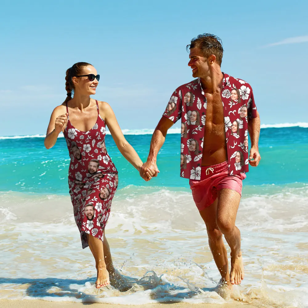 Custom Face Hawaiian Style Red Long Dress And Shirt Couple Outfit White Flowers Design