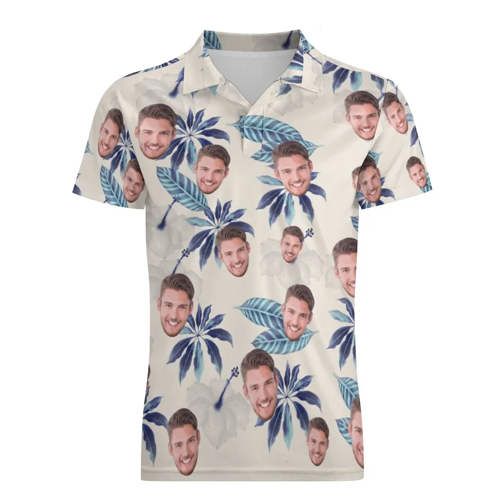 Custom Face Polo Shirt For Men Flowers and Leaves Personalised Hawaiian Golf Shirts