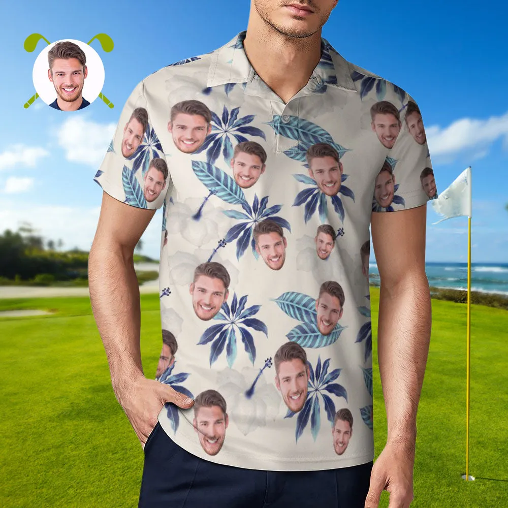 Custom Face Polo Shirt For Men Flowers and Leaves Personalised Hawaiian Golf Shirts