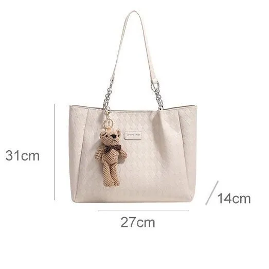 Cute Beige Minimalist Geometric Diamond  Pattern Rhombus Luxury Vegan Leather Large Capacity Shoulder Bag for Women   Teddy Clip, Tote Bag