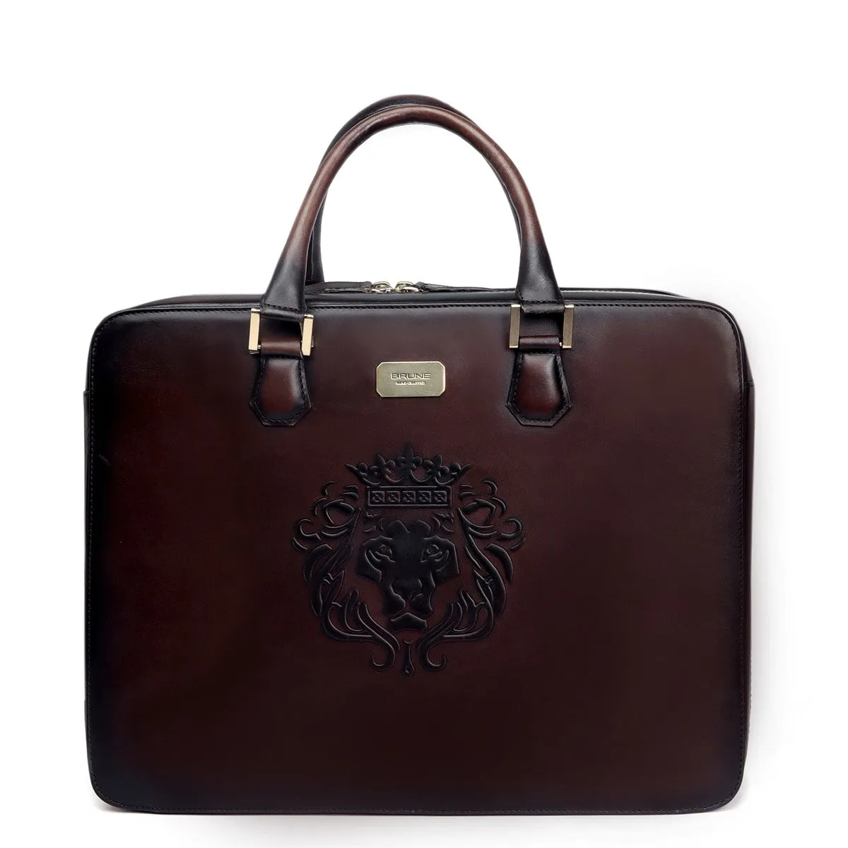 Dark Brown Leather Embossed Lion Laptop Office Briefcase with Organizer Compartment by Brune & Bareskin