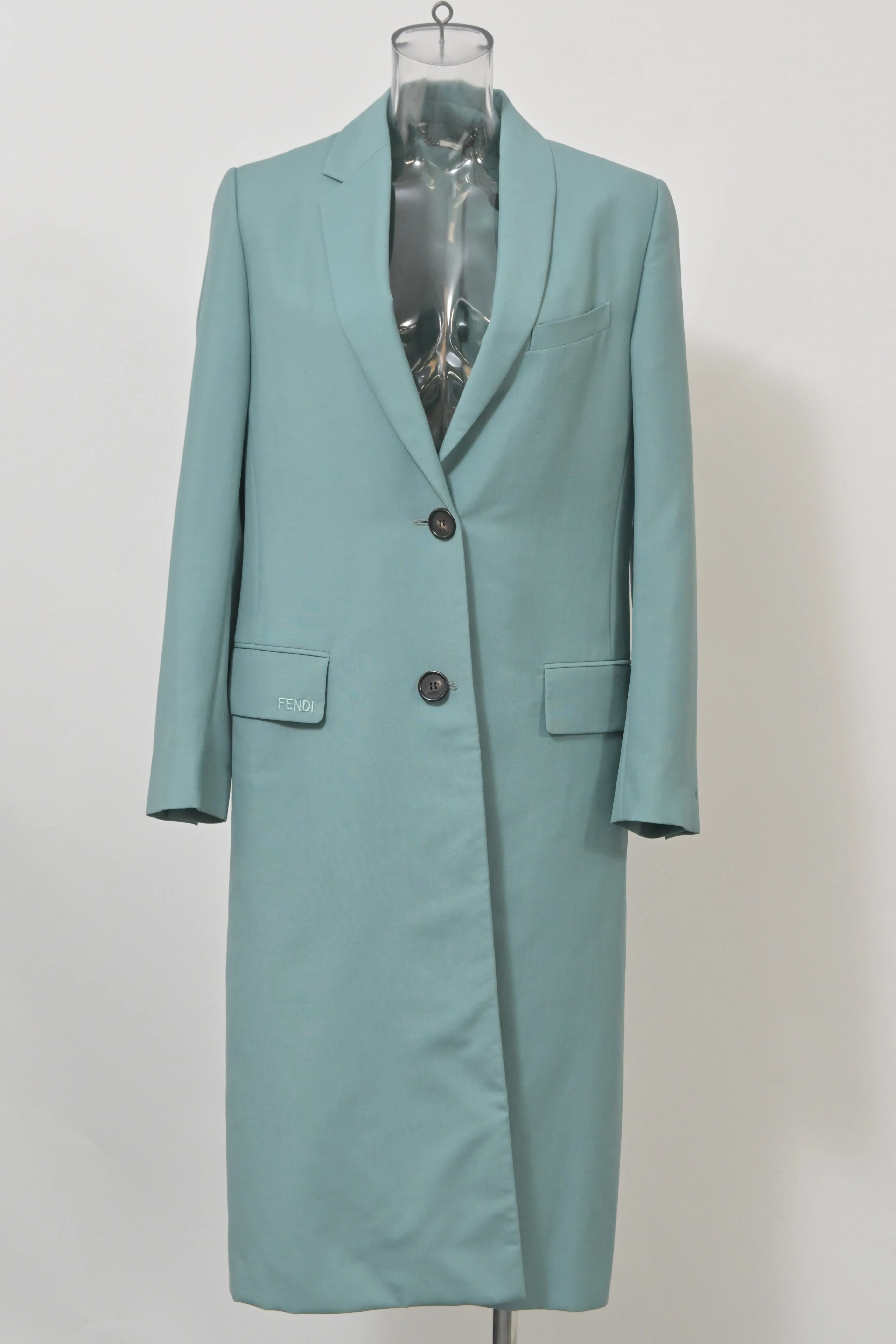 Fendi Single-Breasted Long Coat in Green Mohair Wool