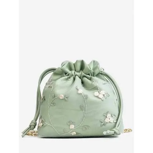 Flower Embroidery Chic Bucket Shaped Crossbody Bag - Light Jade