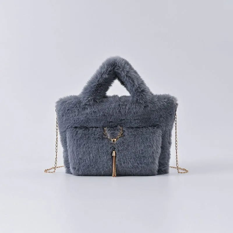 Fluffy Imitation Fur Handbag with Gold Chain Strap