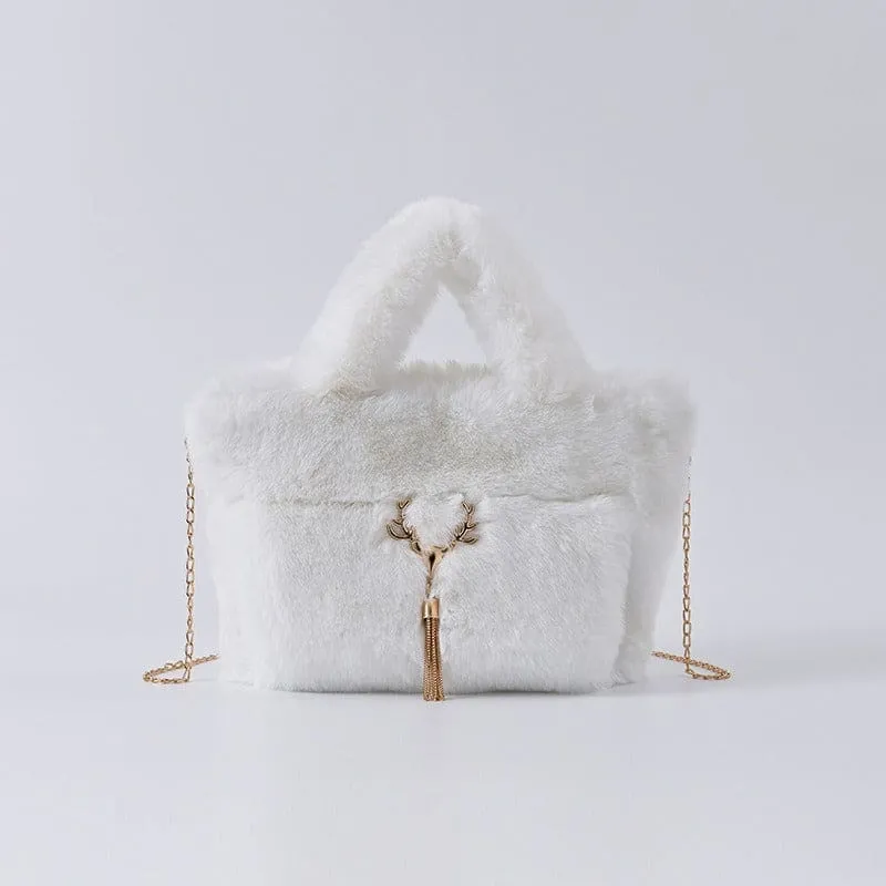 Fluffy Imitation Fur Handbag with Gold Chain Strap