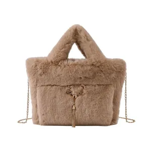 Fluffy Imitation Fur Handbag with Gold Chain Strap