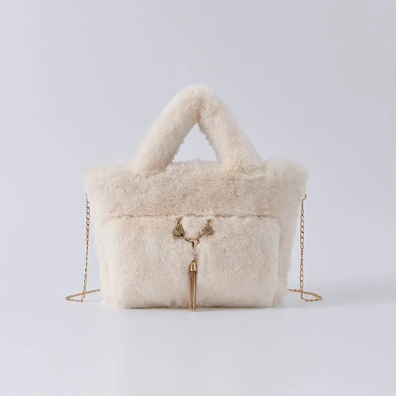 Fluffy Imitation Fur Handbag with Gold Chain Strap