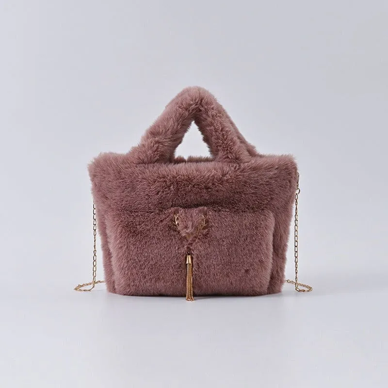 Fluffy Imitation Fur Handbag with Gold Chain Strap