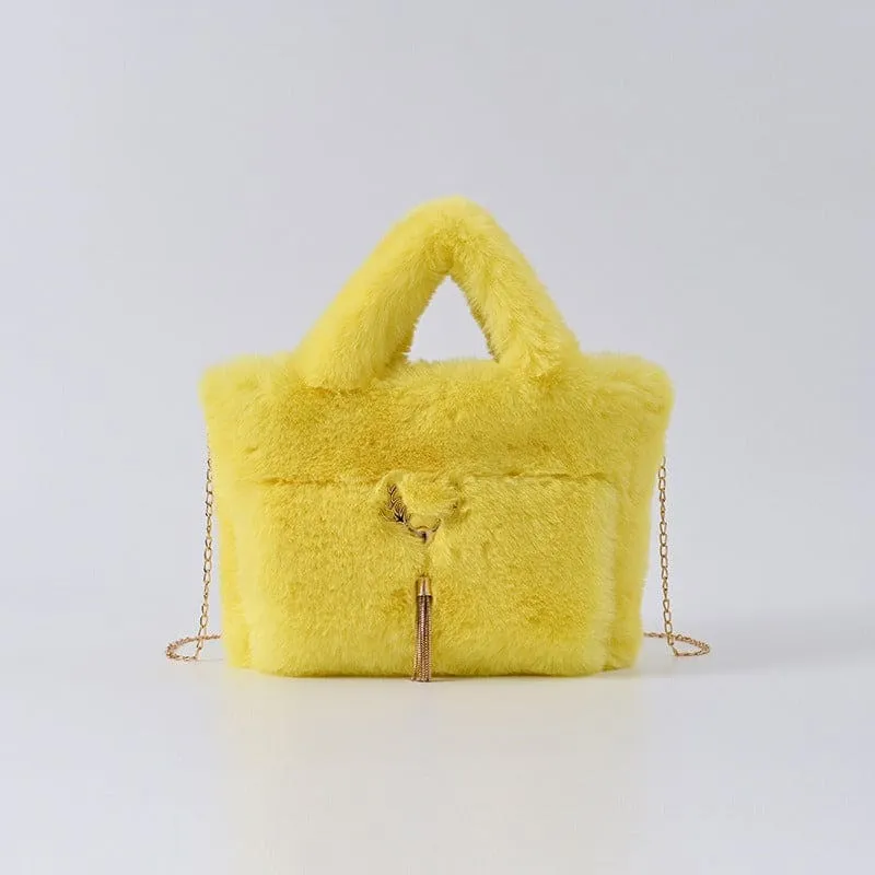 Fluffy Imitation Fur Handbag with Gold Chain Strap