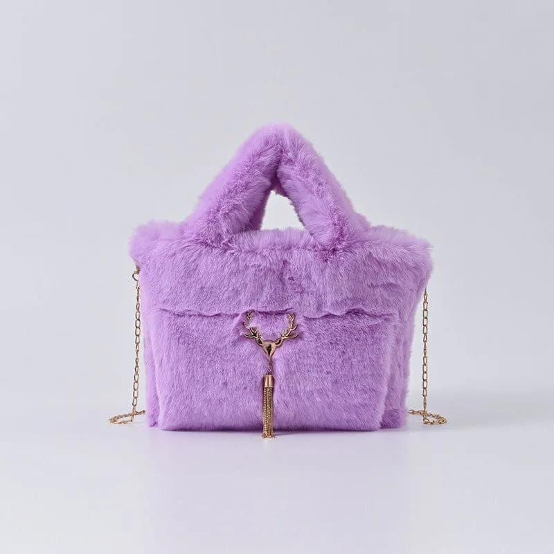 Fluffy Imitation Fur Handbag with Gold Chain Strap