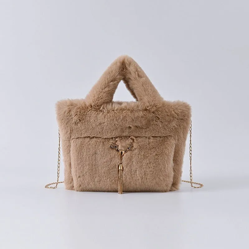 Fluffy Imitation Fur Handbag with Gold Chain Strap