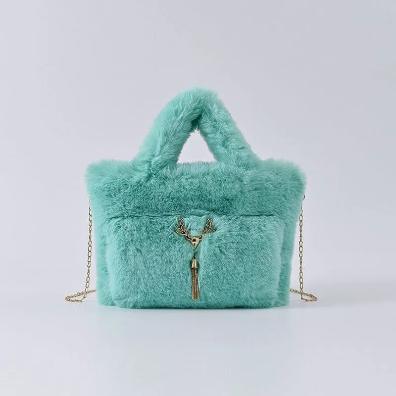 Fluffy Imitation Fur Handbag with Gold Chain Strap