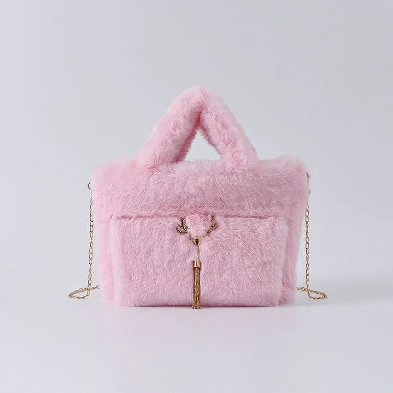 Fluffy Imitation Fur Handbag with Gold Chain Strap