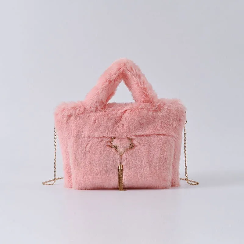 Fluffy Imitation Fur Handbag with Gold Chain Strap