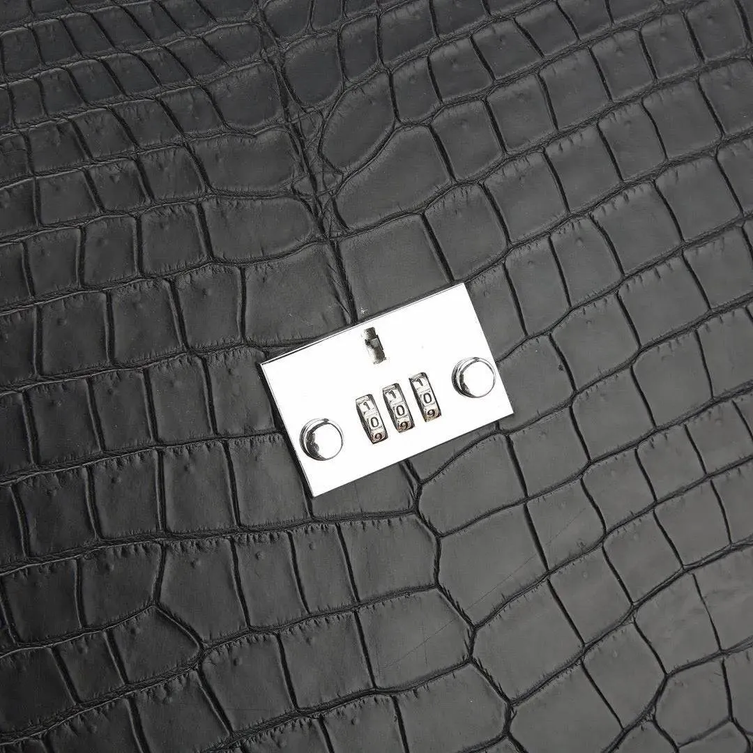 Genuine Crocodile Leather Briefcase Password Lock Buiness Bag Black