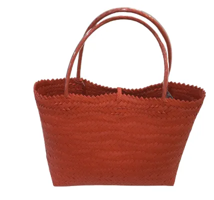 Helping Hands Penan Coral Handwoven Basket Style Tote Bag