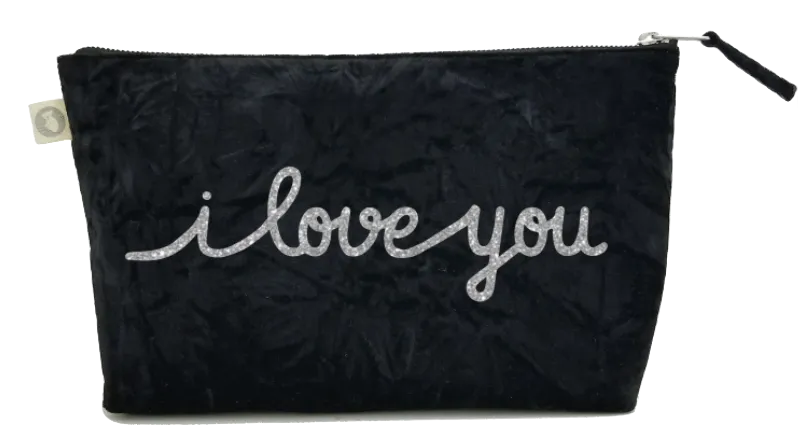 I Love You Collection: Clutch in Black Crushed Velvet with Silver Glitter