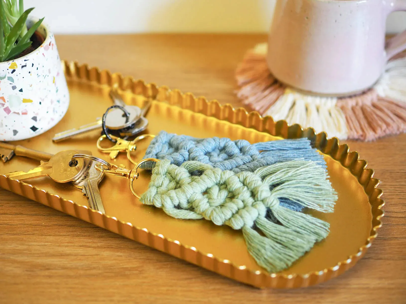 Macramé Helix Handbag Charm Keyring - Mustard