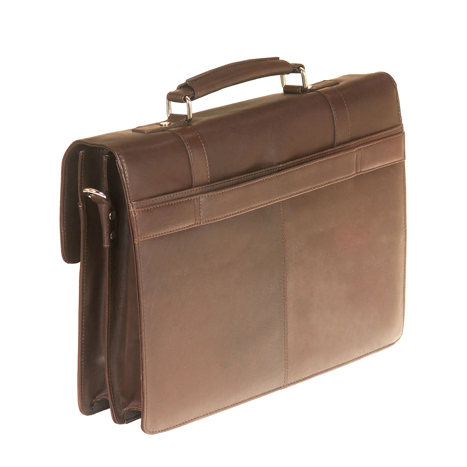 Mancini Leather Double Compartment Flap Briefcase for 15.6" Laptop / Tablet, 16" x 4" x 12", Brown