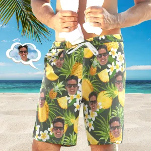 Men's Custom Face Beach Trunks Photo Shorts Beach Shorts Men's Photo Swim Trunks - Pineapple and Flowers