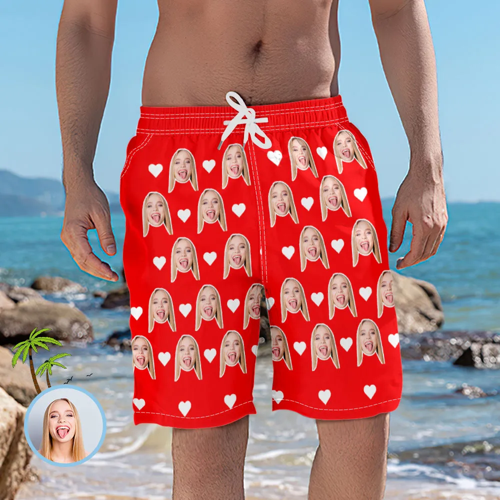 Men's Custom Heart Face Elastic Beach Short Photo Pants