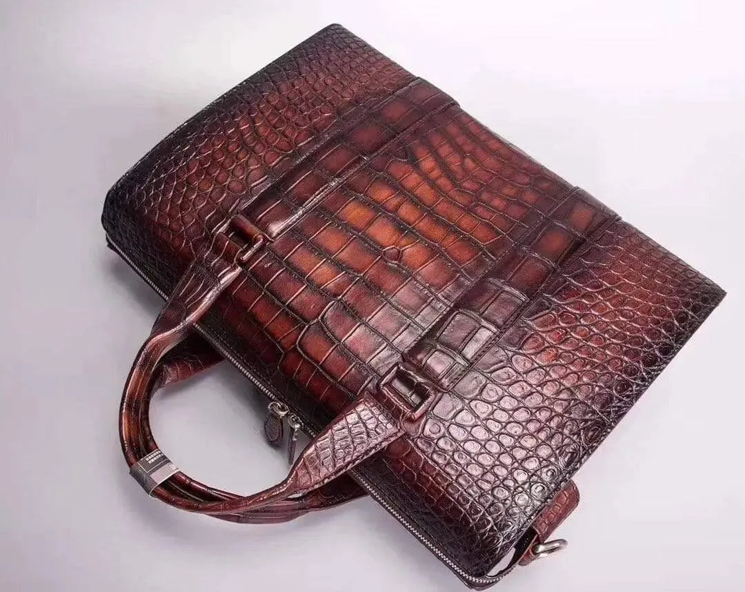 Mens Vintage Brown Crocodile Leather Doctor Bag Laptop Computer Handbag