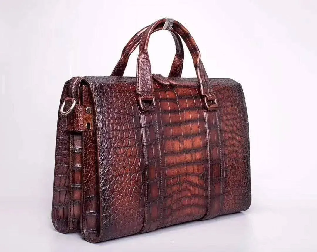 Mens Vintage Brown Crocodile Leather Doctor Bag Laptop Computer Handbag