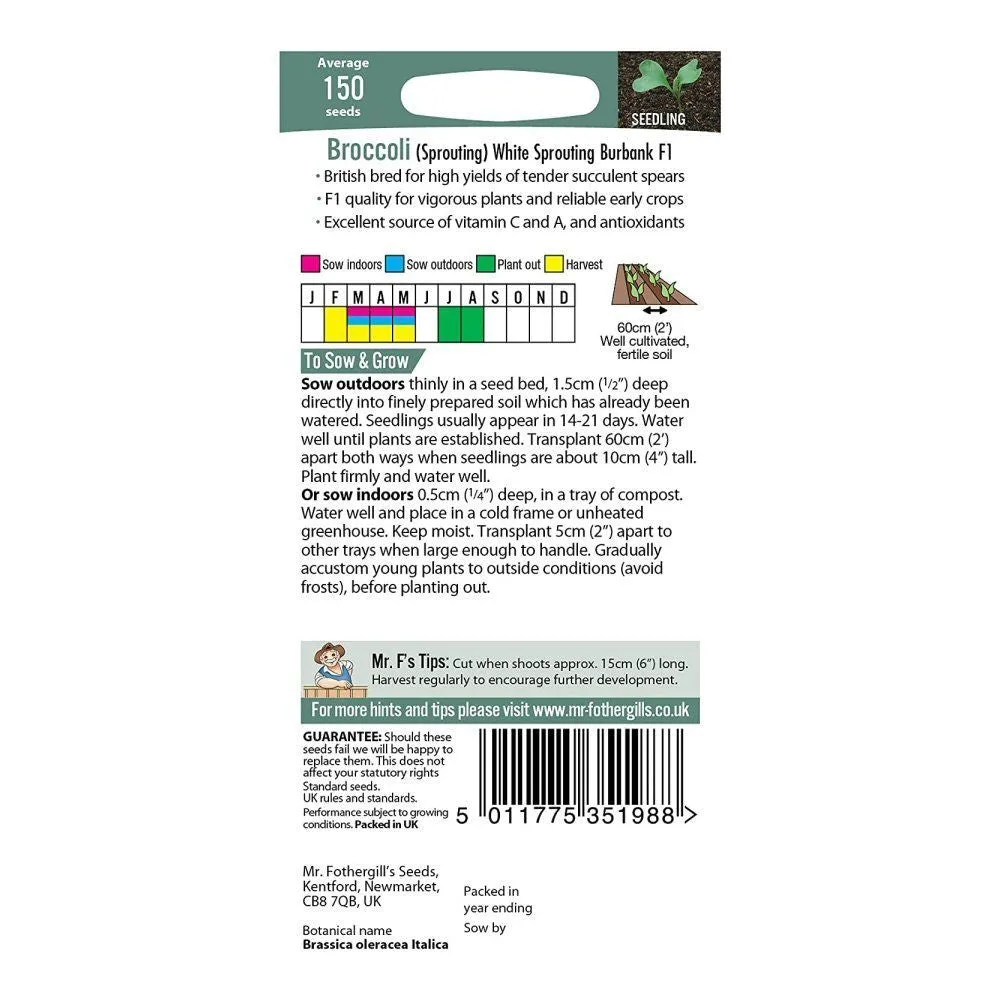 Mr Fothergill's Broccoli (Sprouting) White Sprouting Burbank F1 Seeds