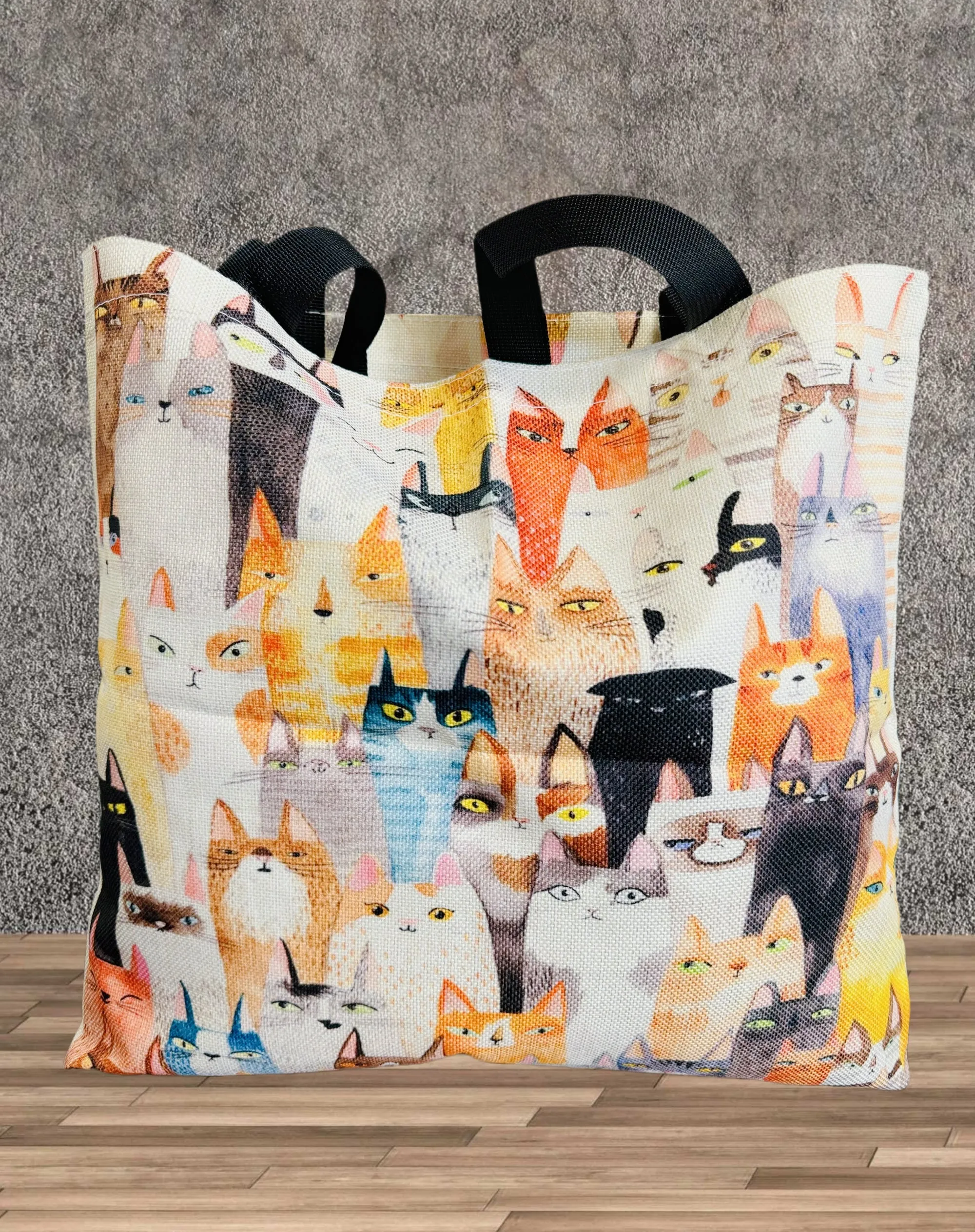 Multicolor Cute Cat Linen Tote Bag