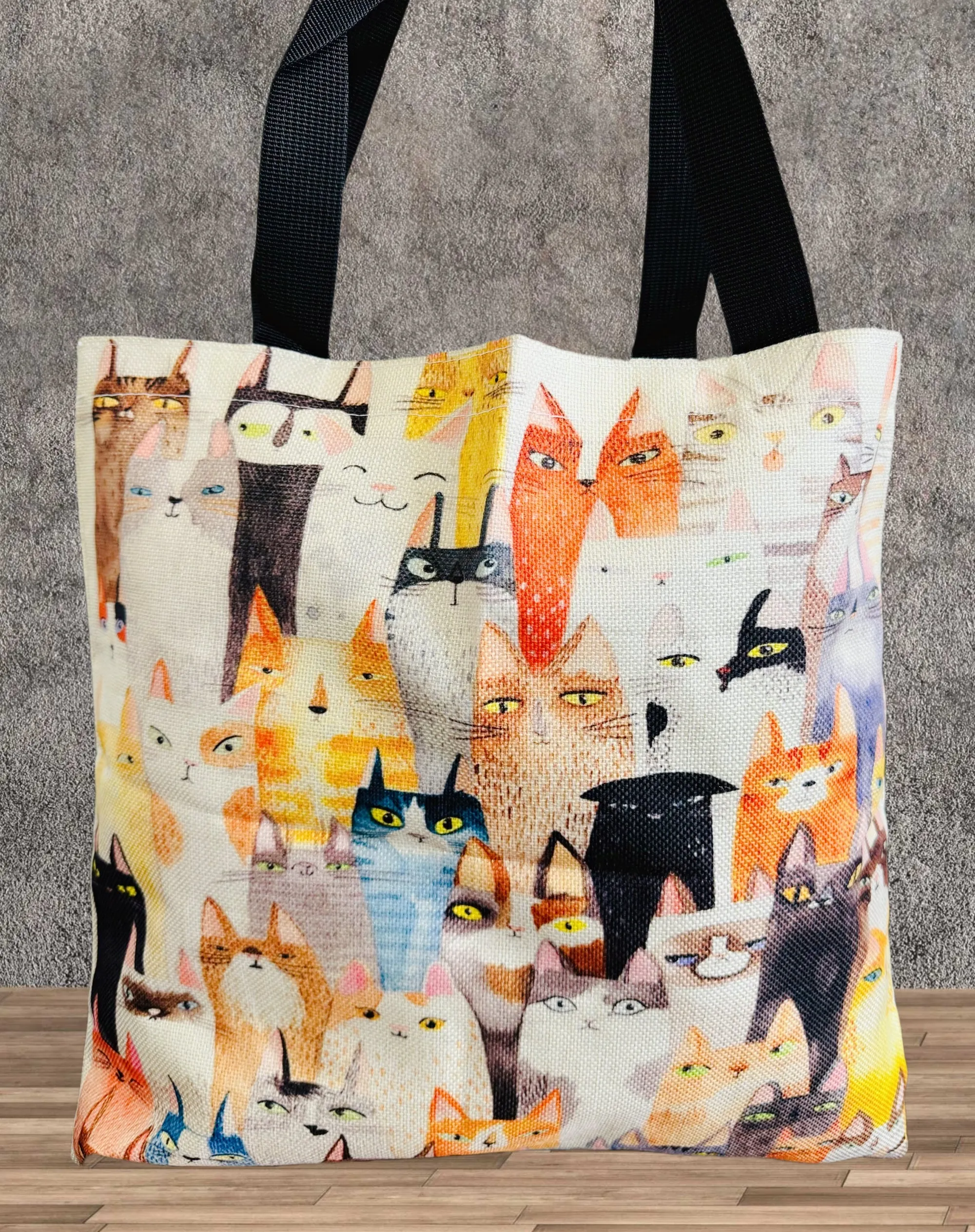 Multicolor Cute Cat Linen Tote Bag