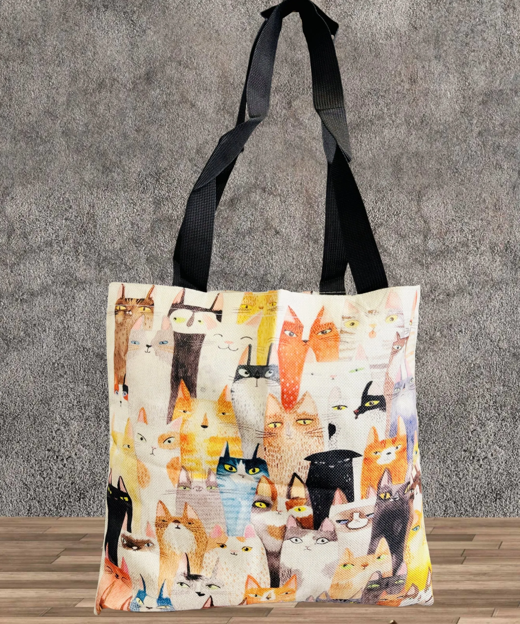 Multicolor Cute Cat Linen Tote Bag